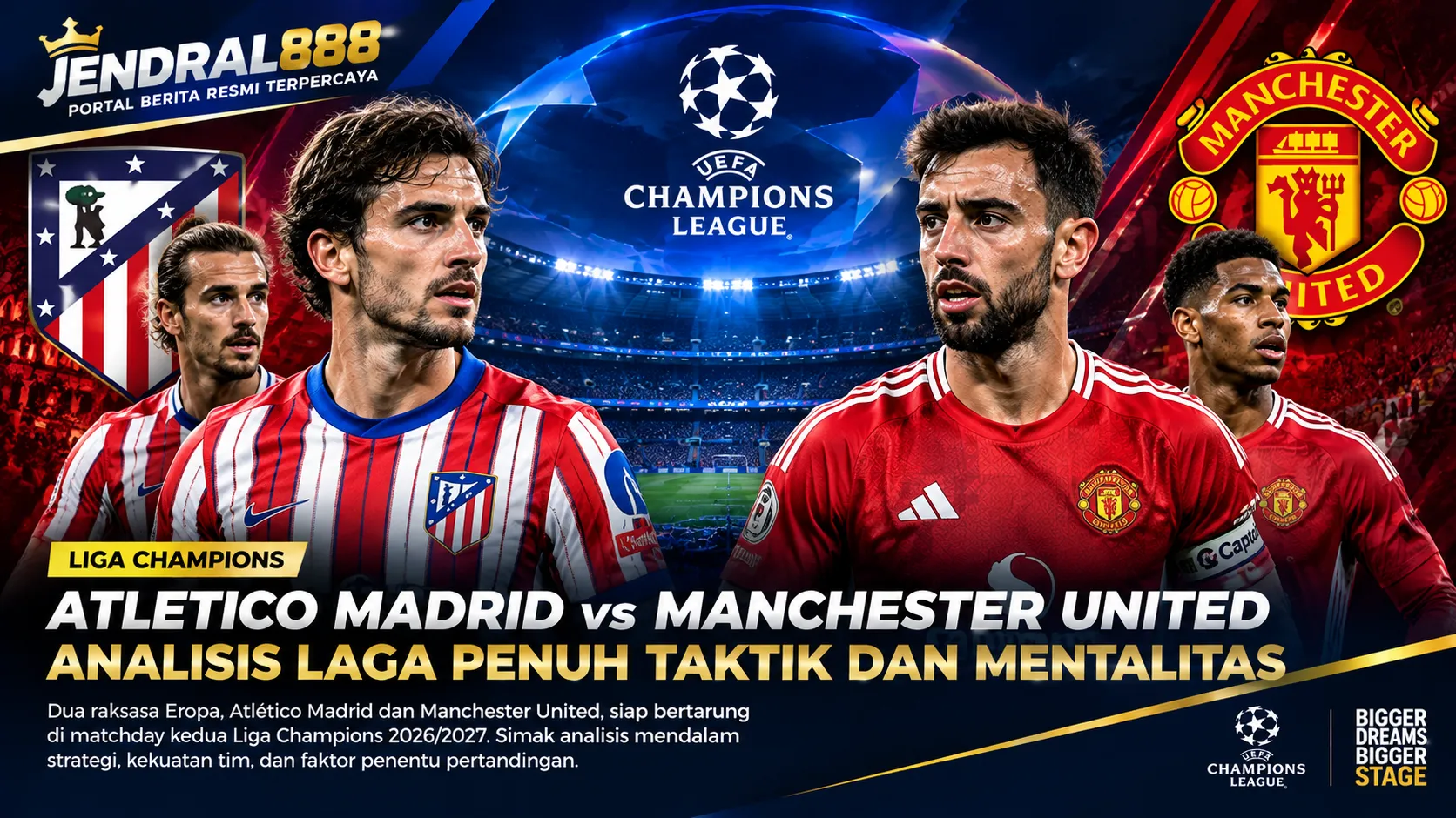 Ilustrasi Atlético Madrid vs Manchester United dalam analisis pertandingan Liga Champions 2026/2027.