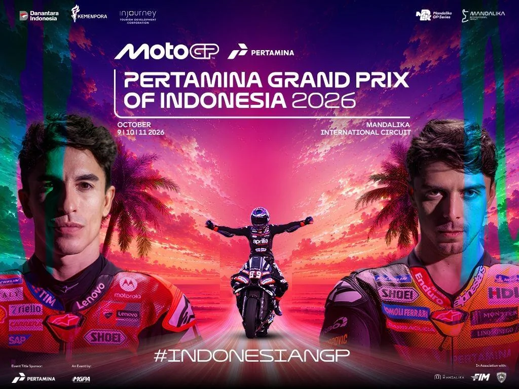 Ilustrasi MotoGP Indonesia 2026 di Sirkuit Mandalika dengan Jorge Martín dan Marc Márquez